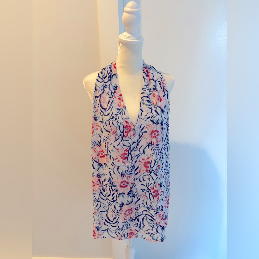 CAbi Floral Sleeveless V-Neck Blouse in White, Blue & Pink